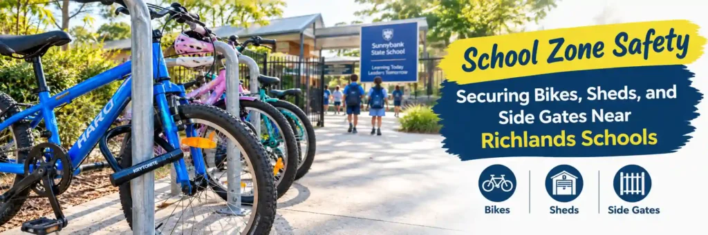 School zone safety sign with secured bikes near Richlands schools
