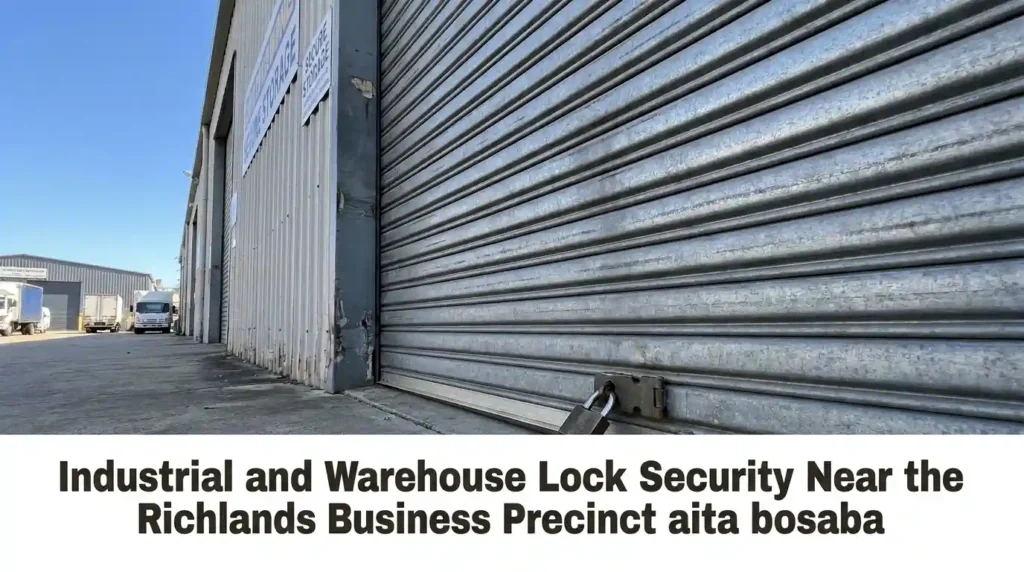 Industrial warehouse roller door secured with a padlock near the Richlands Business Precinct